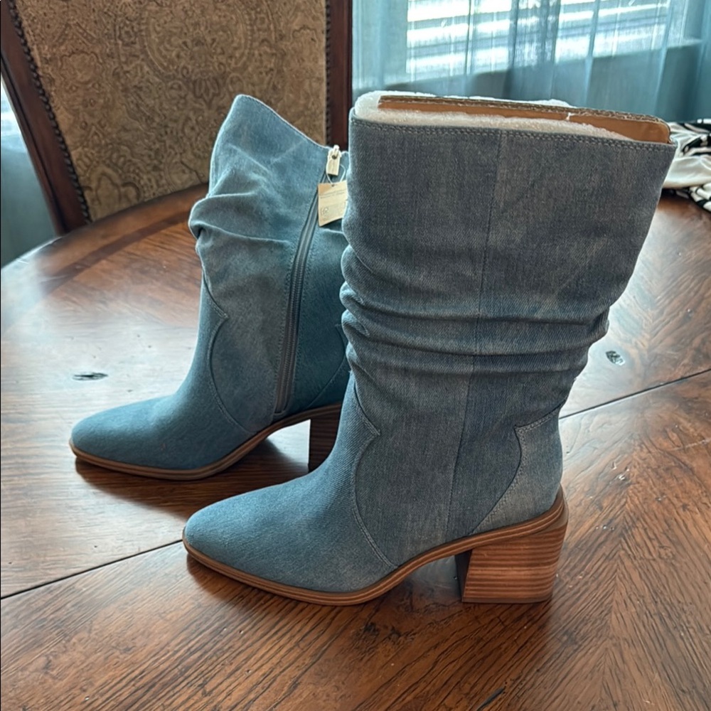 Chic Vince Camuto Acid-Blue Denim Heeled Boots NWT